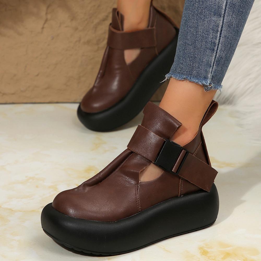 

Туфли на толстой подошве с круглым носком, кожаные, в стиле ретро, на плоской платформе, женские, повседневные, римские, ретро, ботильоны до щиколотки, противоскользящие, zapatillas de mujer 40