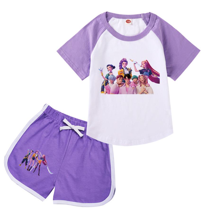Kids Girls Anime Cartoon POP Singer Rumi Zoey Mira Printed Casual Raglan Short Sleeves T-Shirt Shorts Clothes Set