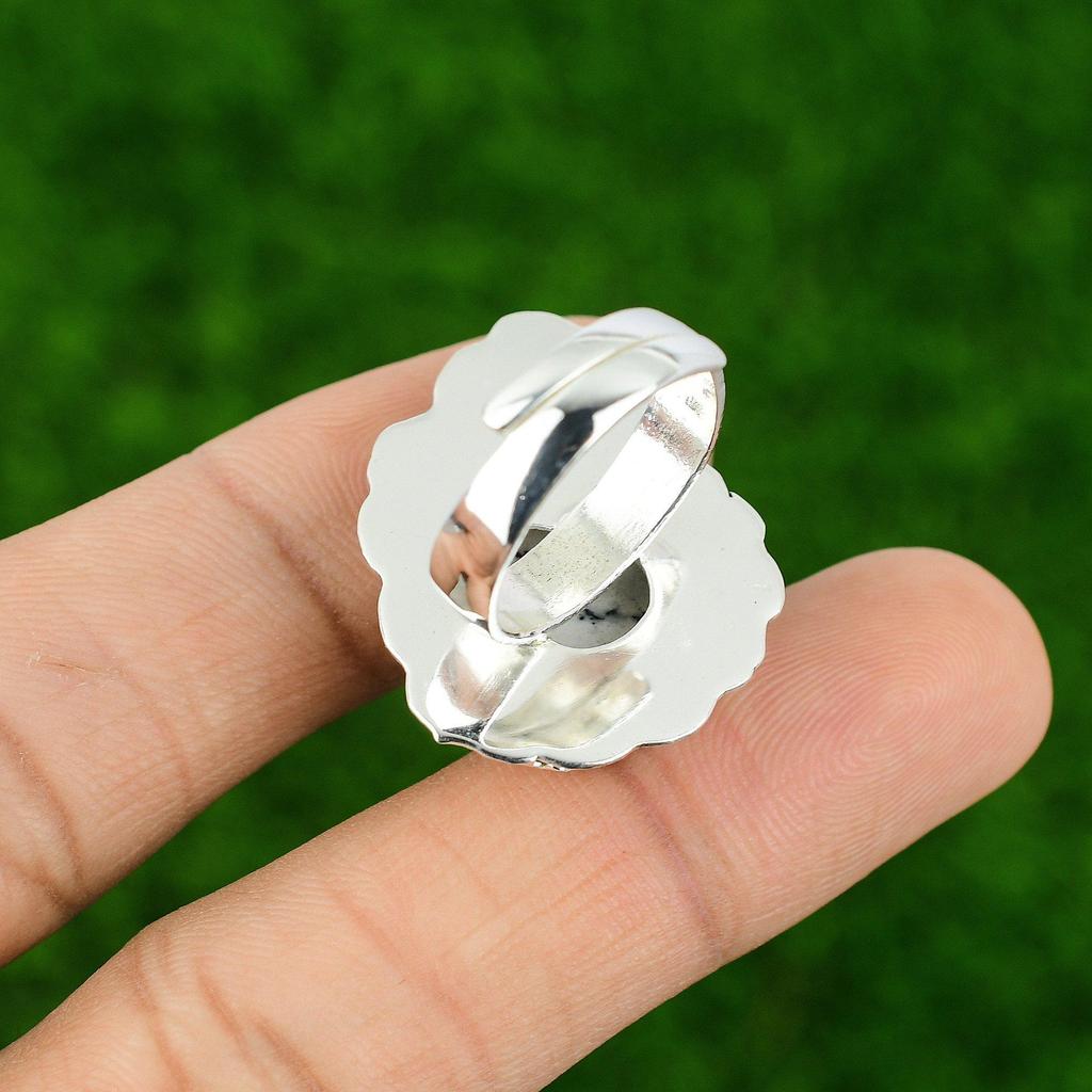 Pear Dendrite Opal Gemstone 925 Sterling Silver Stackable Flower Ring Jewelry