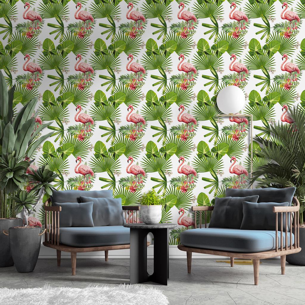 Flamingo Peel And Stick Wallpaper Big Green Leaf & Butterfly Removable Self-Adhesive Living Room Decor
