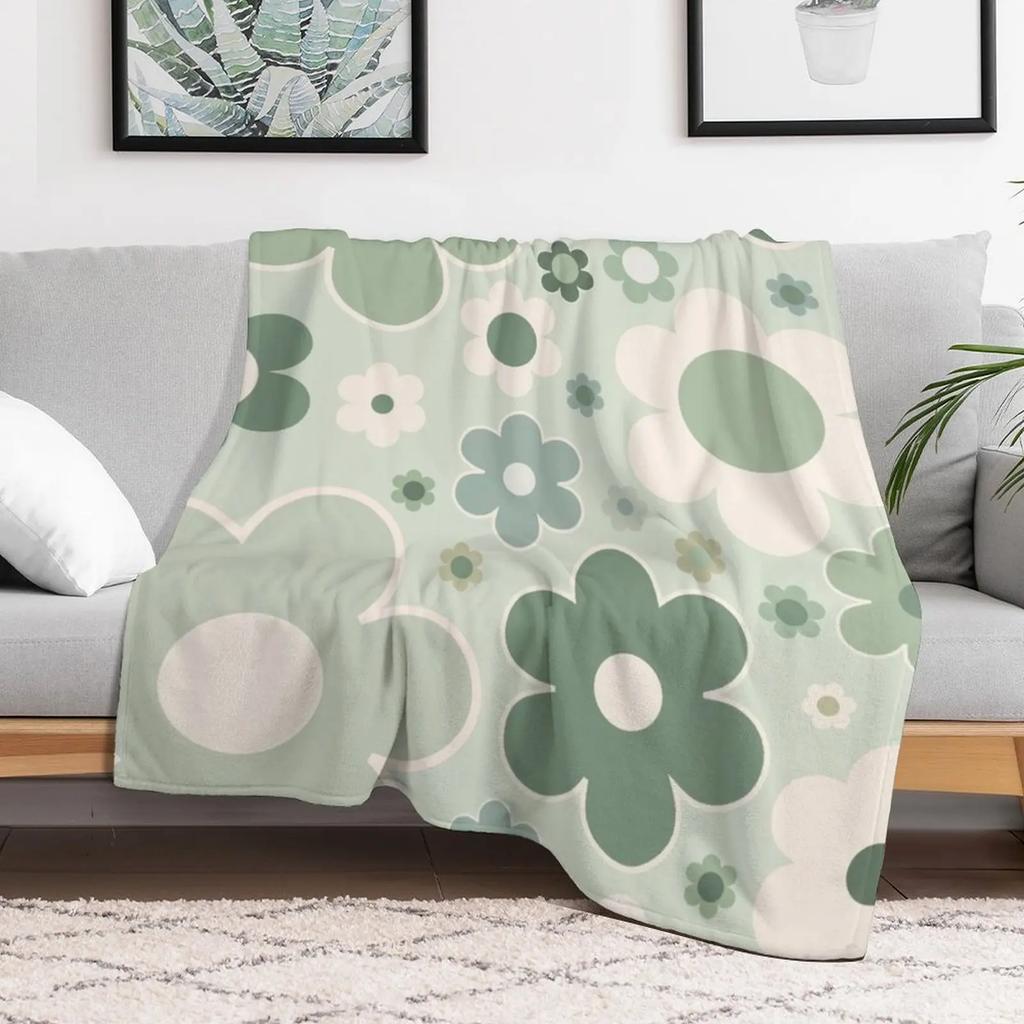 Retro 70s Flowers Sage Green Floral Pattern Aesthetic Modern Flowers Throw Blanket Cozy Throw Blanket Birthday Gift for Him Her