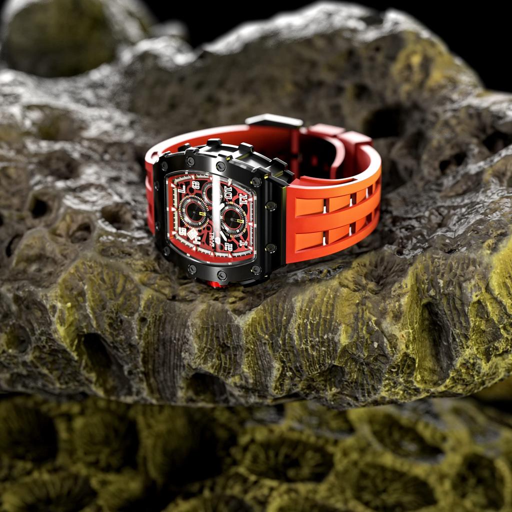 TSAR BOMBA Men's Tonneau Watch 50M Waterproof Sapphire Crystal Silicone Strap Japanese Movement Red Case Thickness 16.8mm