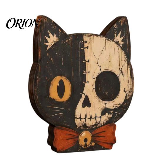 Atmospheric Retro Interior Ornaments Halloween Wooden Ornaments, Distressed Pumpkin/Cat Decorations, Desktop & Wall Artistic Home Office Decor Decors