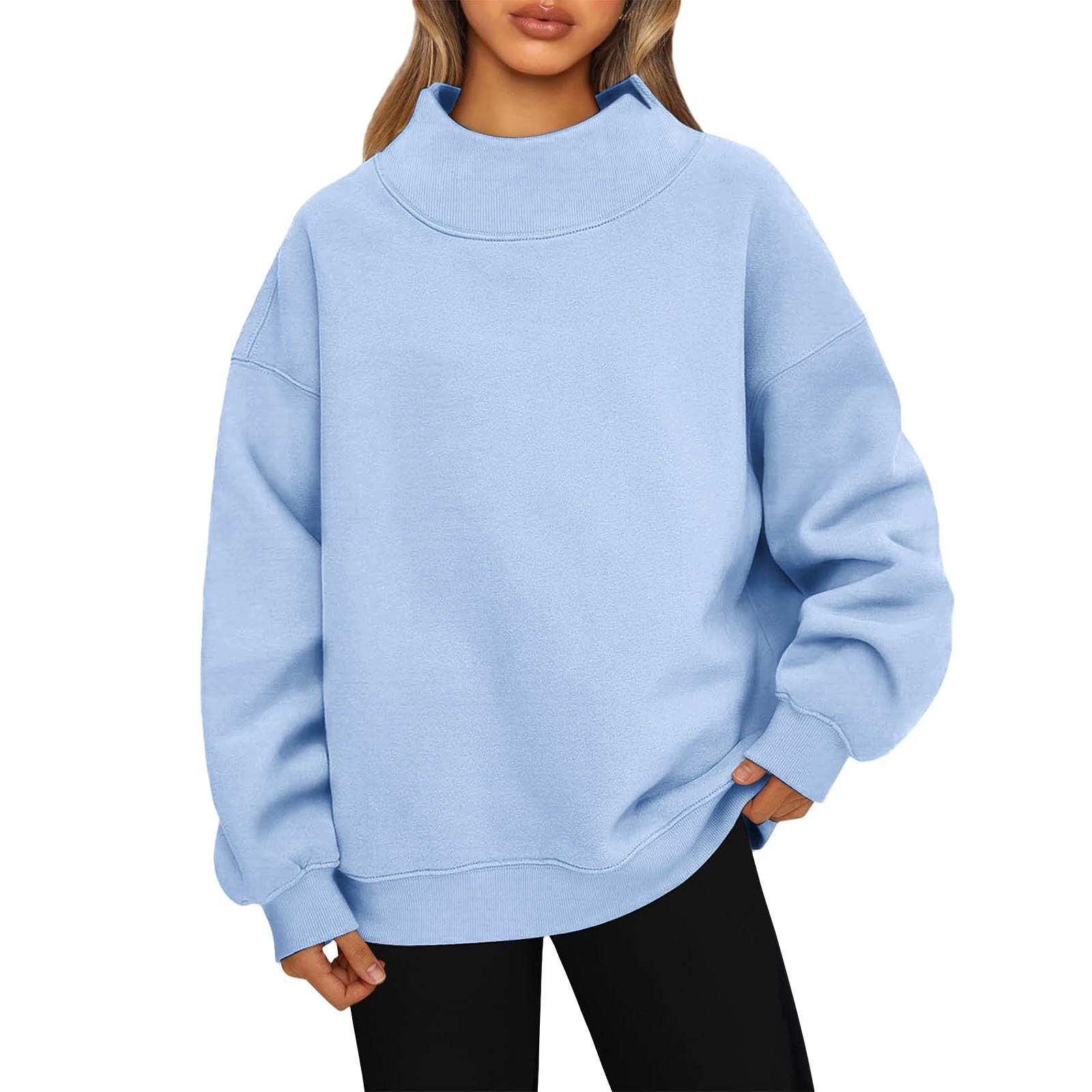 

Ladies Fashionable Loose High Neck Long Sleeved Solid Color Hoodie Top Pullover S