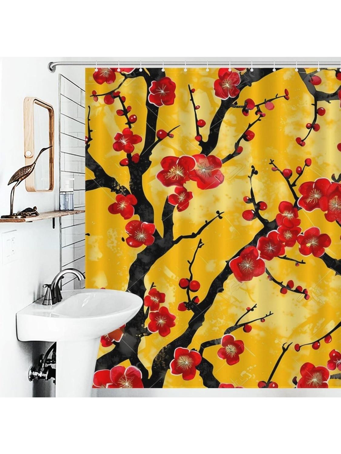 Japanese Style Cherry Flowers Shower Curtain Polyester Bath Curtain 56.30X70.87Inch143X180Cm Shower Curtains Print Decorative W60H190(CM)-1 Pcs