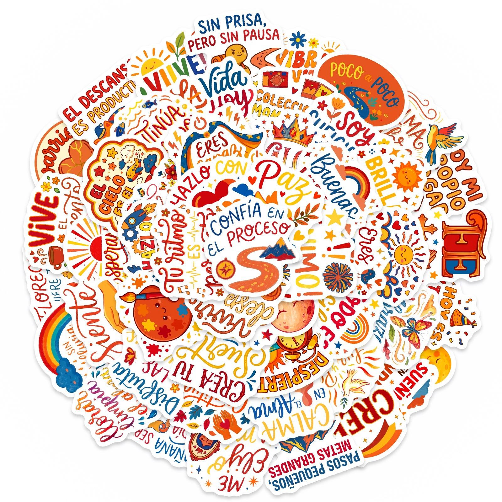 50 Cartoons Spanish Inspirational Text Hand Account Stickers Decorative Graffiti Stickers Waterproof Cute Creative Stickers