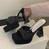 Fashion Eilyken New Fashion Crystal Rhinestone Square Toe Women Slippers Summer Chunky Platform High Heels Shoes Female Pumps