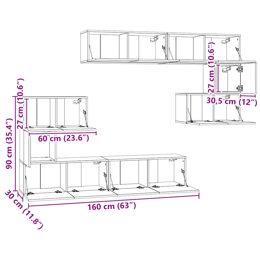 8 piece TV cabinet set white particleboard
