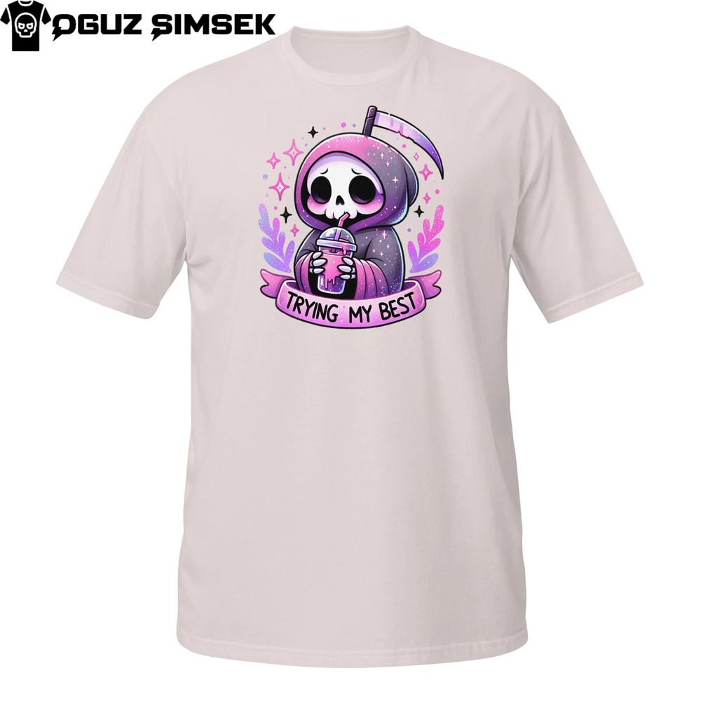 

Стараюсь изо всех сил Футболка Мрачный Жнец | Милая пастельная футболка со скелетом и черным юмором S