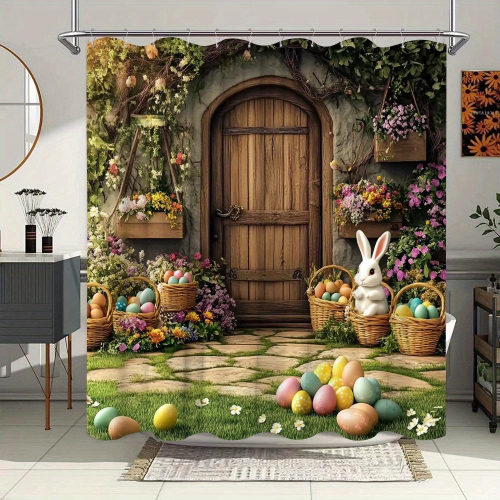 

Easter Bunny Shower Curtain - Fluffy White Rabbit, Pastel Eggs & Spring Garden Scene with Blooming Flowers, Polyester Fabric W90xH180cm
