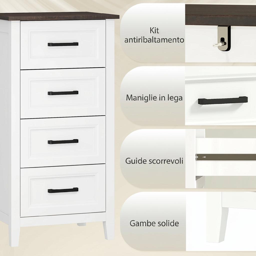Comodino a 4 cassetti, Armadietto alto per camera da letto e soggiorno