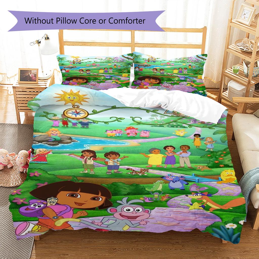 Explorer Dora Pattern Bedding Set Quilt Cover Pillowcase Home Decor Gift (1 * Duvet Cover + 2 * Pillowcase, Without Core)