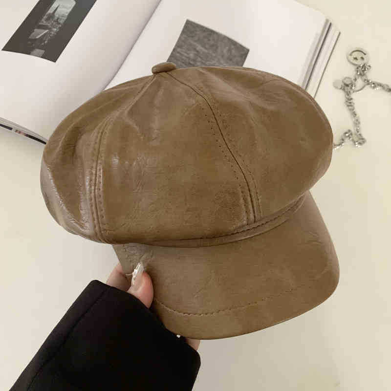 Leather duck tongue beret autumn and winter hat women's high-end octagonal hat versatile painter hat