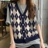Frühling und Herbst College Stil Retro V-ausschnitt Plaid Gestrickte Weste frauen Lose Oberbekleidung Ärmellose frauen Pullover Weste