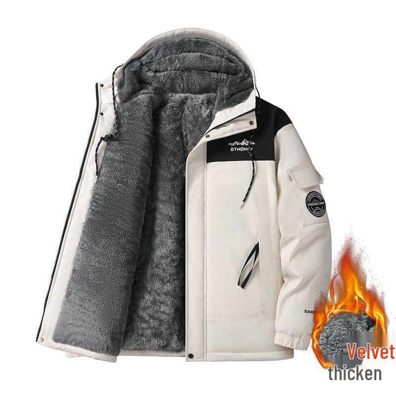 Men's Windproof Fleece-Lined Hooded Jacket: Warm, Thick Cotton Coat for Winter and Outdoor Activities