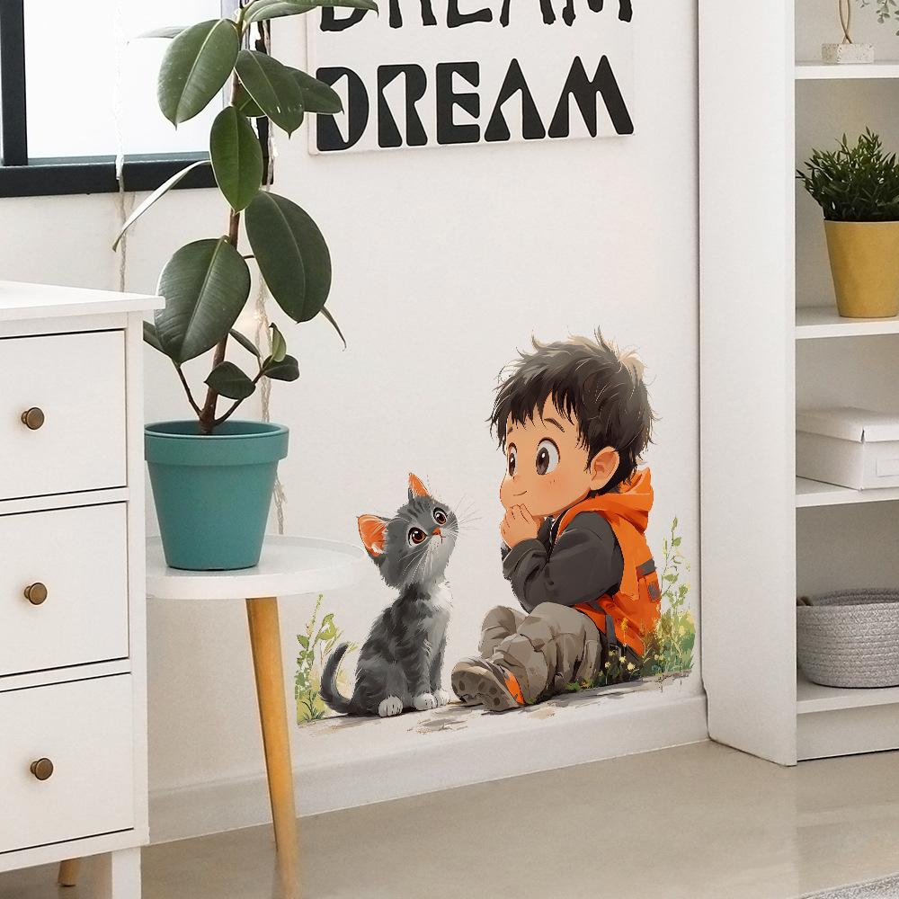 Cartoon Boy Cute Kitten Bedroom Living Room Home Background Beautification Decoration Wall Stickers