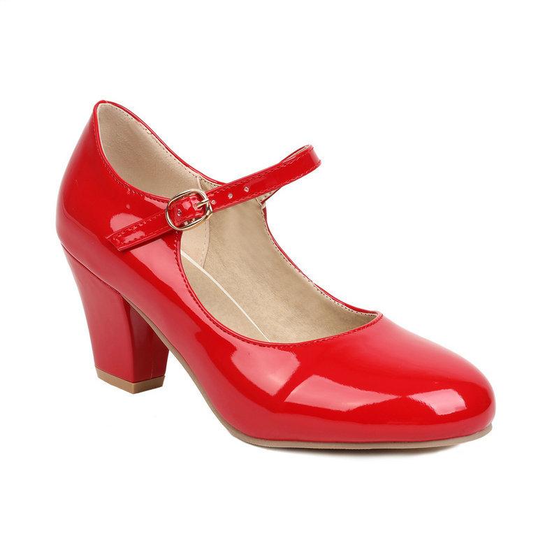 Damen Mary Jane High Heels 9 Farben Lackleder Runde Spitze Pumps Party Büro Hochzeit Schuhe Übergröße 34-48