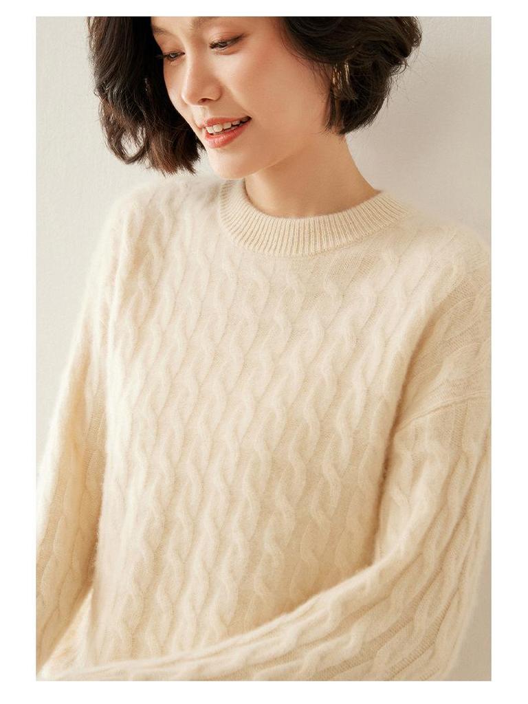 Women's Slim Fit Retro Cable Knit Cashmere Sweater - Round Neck Pullover, Base Layer for Autumn/Winter.