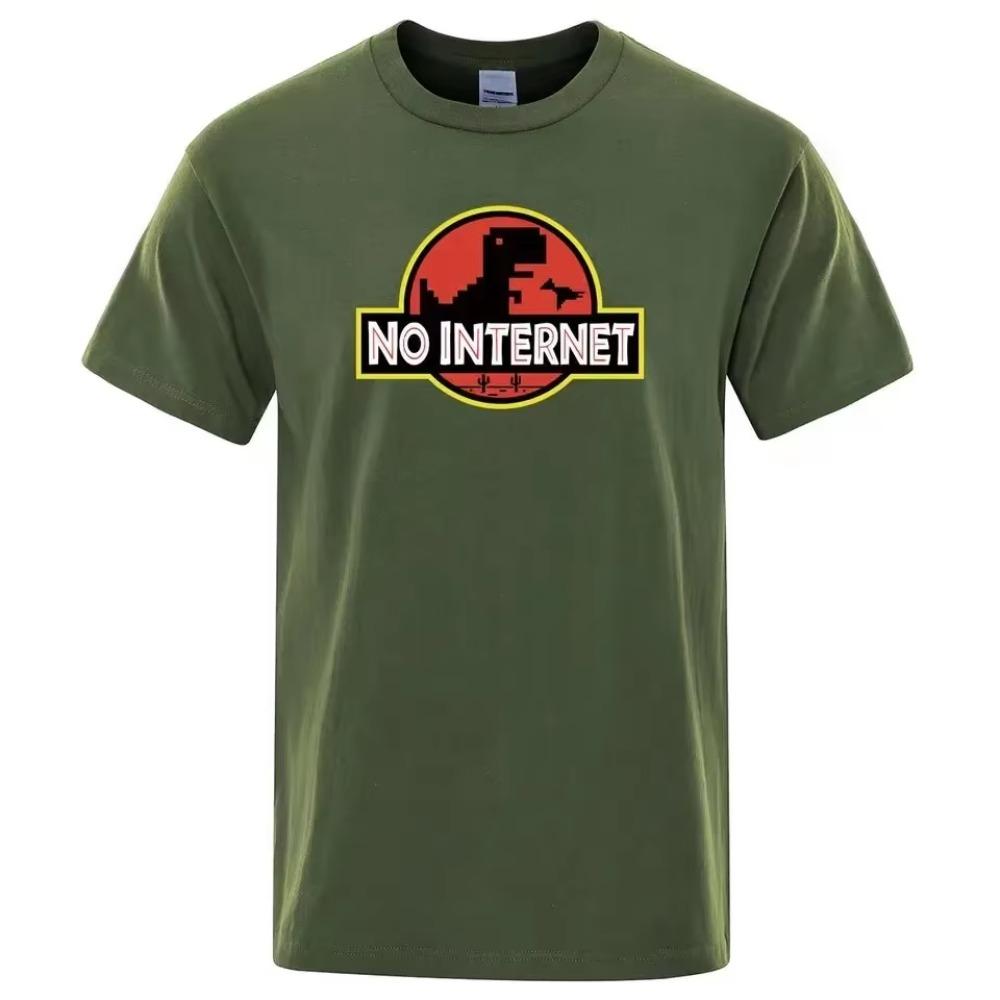 Cartoon Dinosaur Printed No Internet T Shirt Men Dino Tshirt Funny Harajuku Tops Jurassic Offline Park Men's