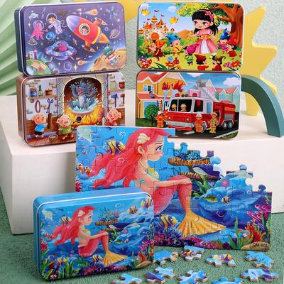 60-Piece Cartoon Puzzle Tin Box for Toddlers Aged 3-6 – Early Education and Intellectual Development Toy for Boys and Girls