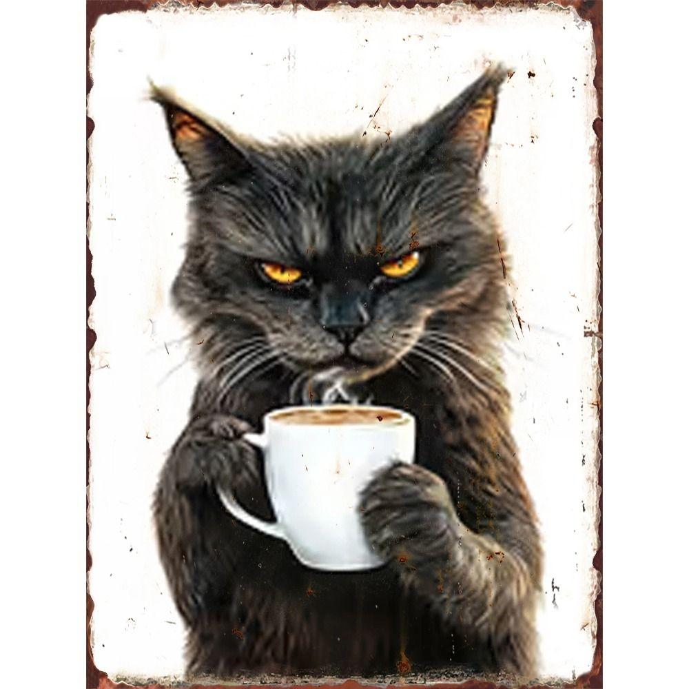 Retro Katze Kaffee Metallblechschild Wanddeko Vintage Küchenkunst 20x30 cm