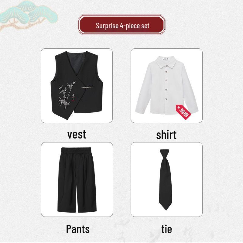 Boys' Chinese-Style Embroidered Velvet Vest and Suit for Autumn/Winter Photography and Performance
