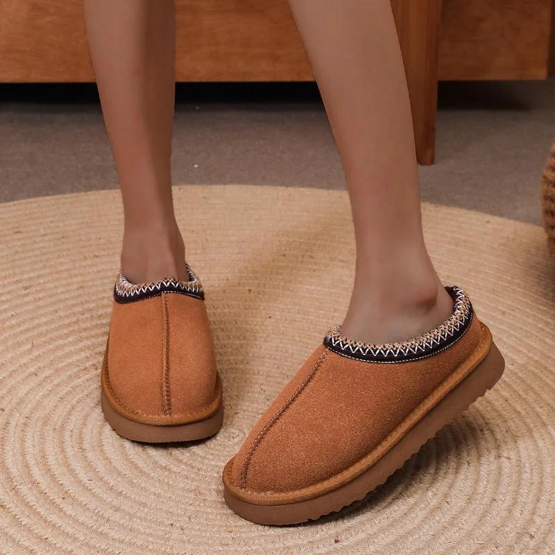 Fashion Women's Fashion Baotou Slippers Winter New Round Head Suede Deep Mouth Thick Sole Anti-slip Wear-resistant Flat Shoes
