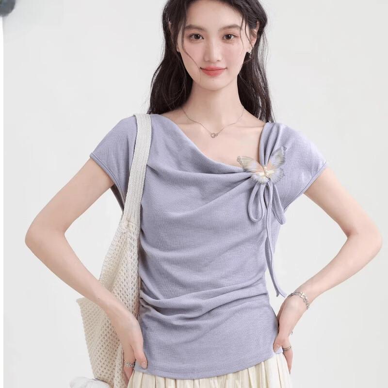 La Chapelle French Draped Collar 3D Bow Short Sleeve T-Shirt 2XL