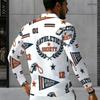Men s Plus Size White Printed Long Sleeve Quarter Zip Collared Polo Shirt