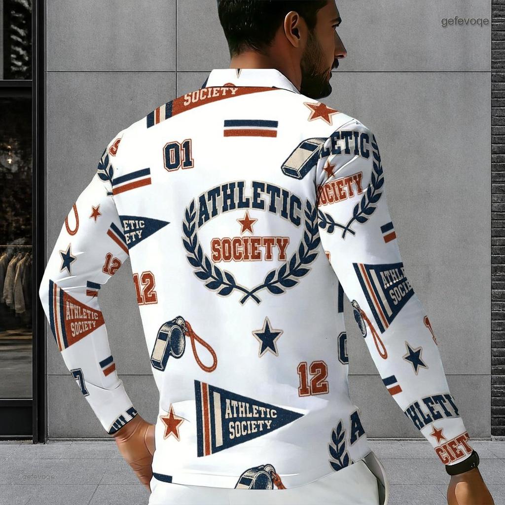 Men s Plus Size White Printed Long Sleeve Quarter Zip Collared Polo Shirt