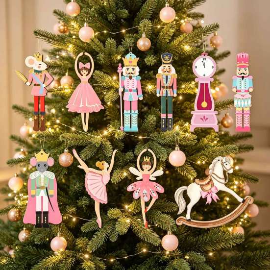 Handmade Christmas Tree Charms 10/20/30Pcs Nutcracker Wooden Ornaments, Pink Watercolor Hanging Decor with Cute Ornament Set for Kids Ballerina, Horse