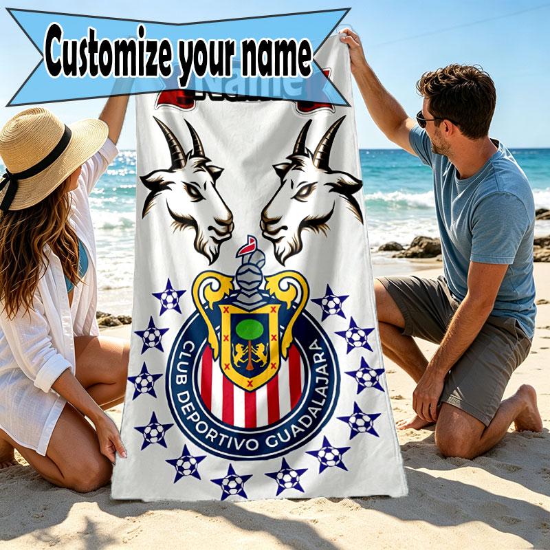 Custom Name Personalized Club Deportivo Guadalajara Print Beach Towel, for Trip Camping Beach Party Home Decor, Birthday Gift for Family & Friends