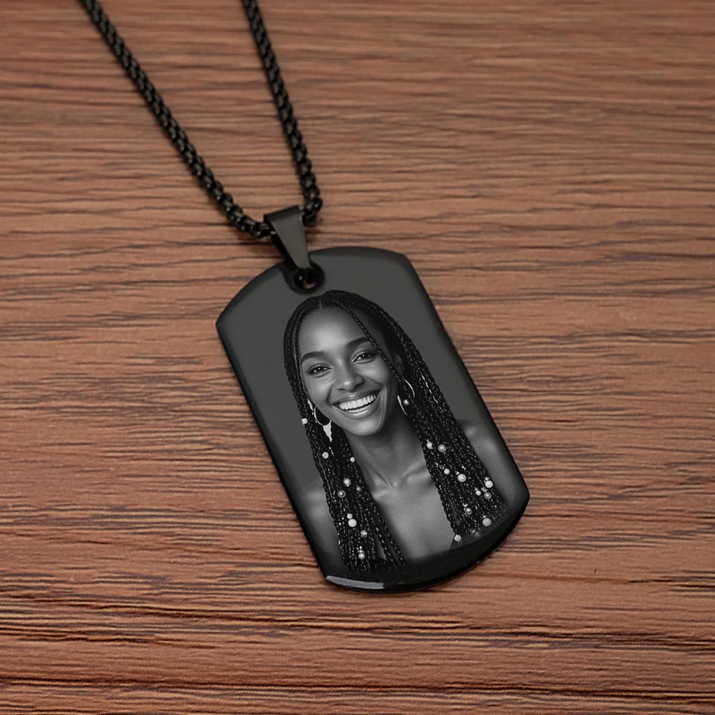 Pendentif Collier Personnalisé Photo et Message Porte-clés Plaque militaire, Collier Gravé avec Photo Cadeaux de Noël