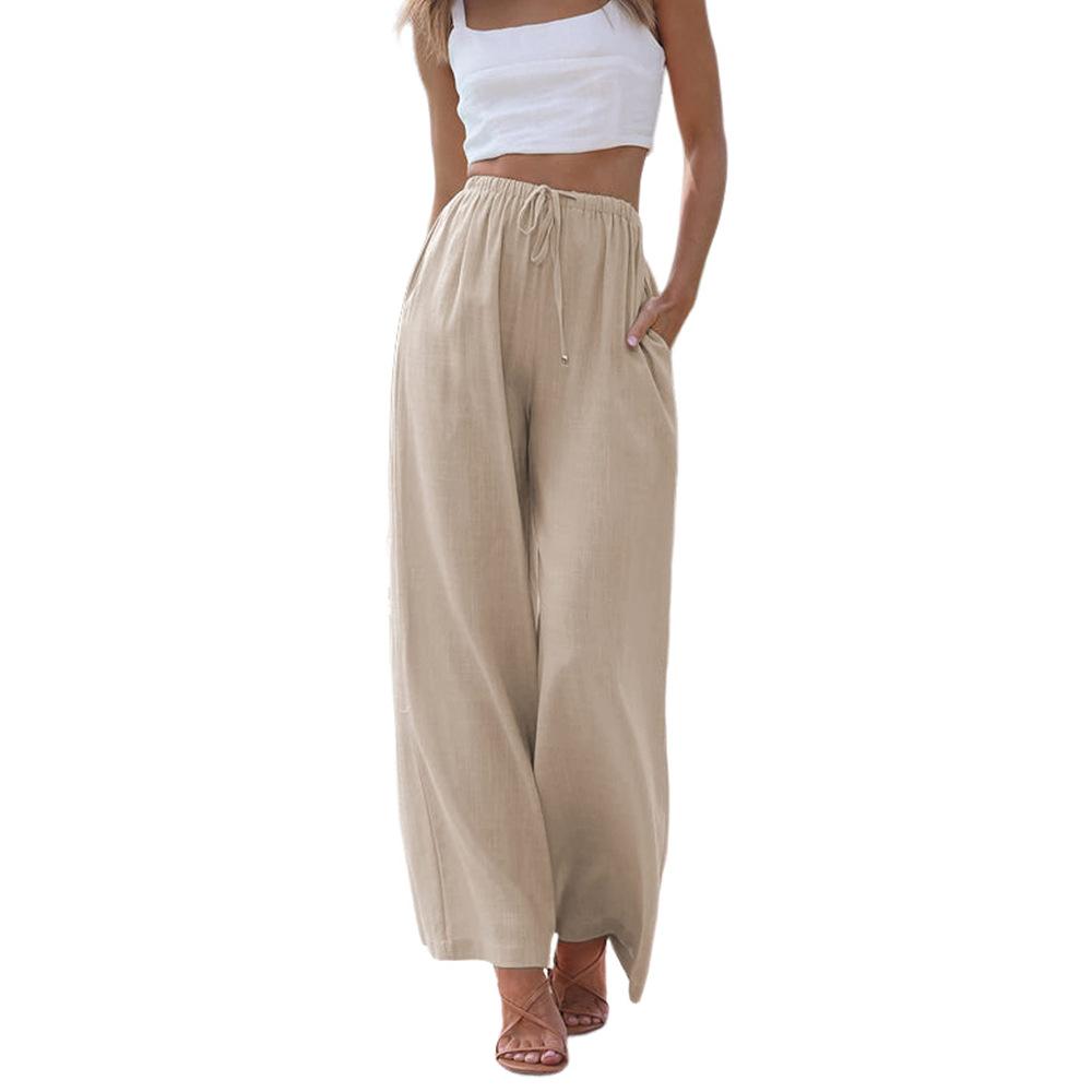 Summer Plain-color Loose High-waist Wide-leg Long Pants for Women