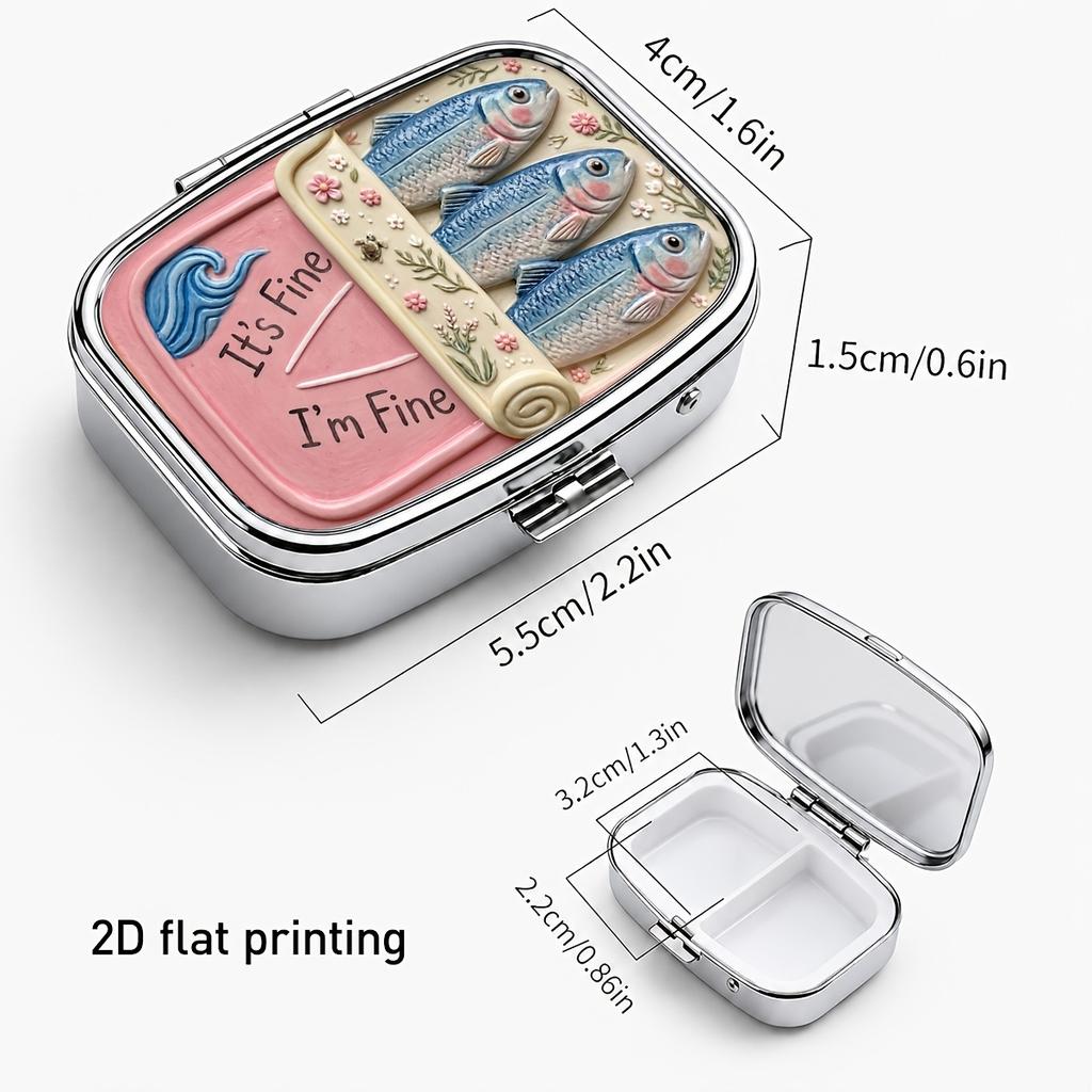 1Pc Retro Sardine‑Can Pattern Metal Pill Box, 2‑Compartment Portable Pocket Storage Case for Pills, Vitamins, Travel Gift