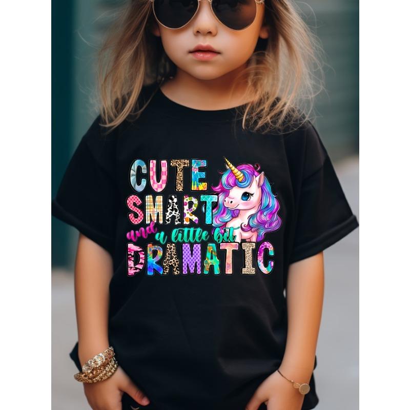 

Girls T-Shirt with Colorful Unicorn Pattern Print And Letter Print for Comfortable And Casual Round Neck Short Sleeves 110
