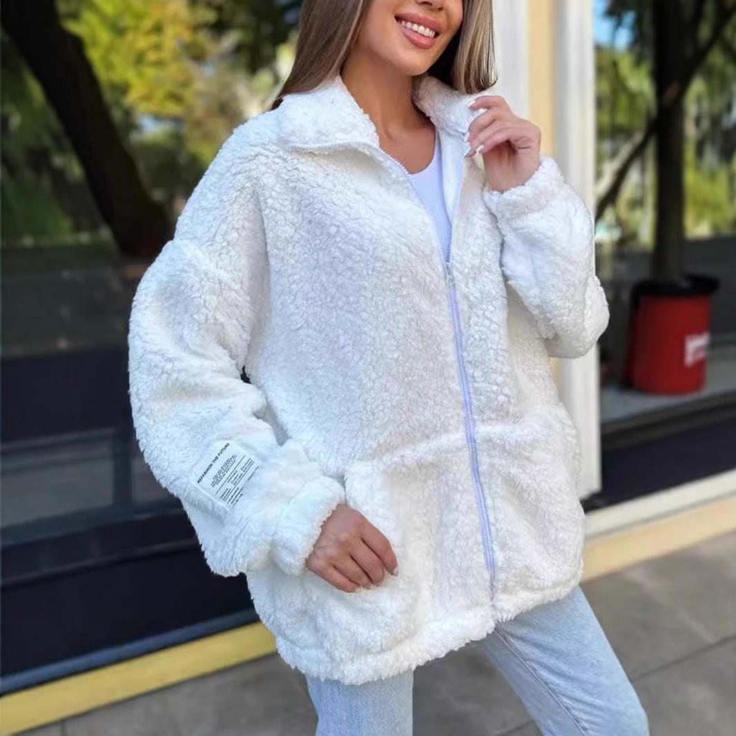 Women s Soft Fleece Jacket with Stand Collar Zip Front Closure Available in White Pink Gray and Black S 2479₽