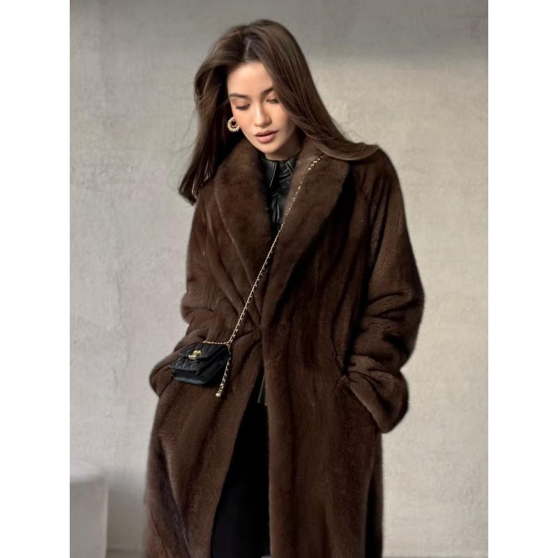 Womens Long Faux Mink Fur Coat With Belt Winter Elegant Commute Outerwear
