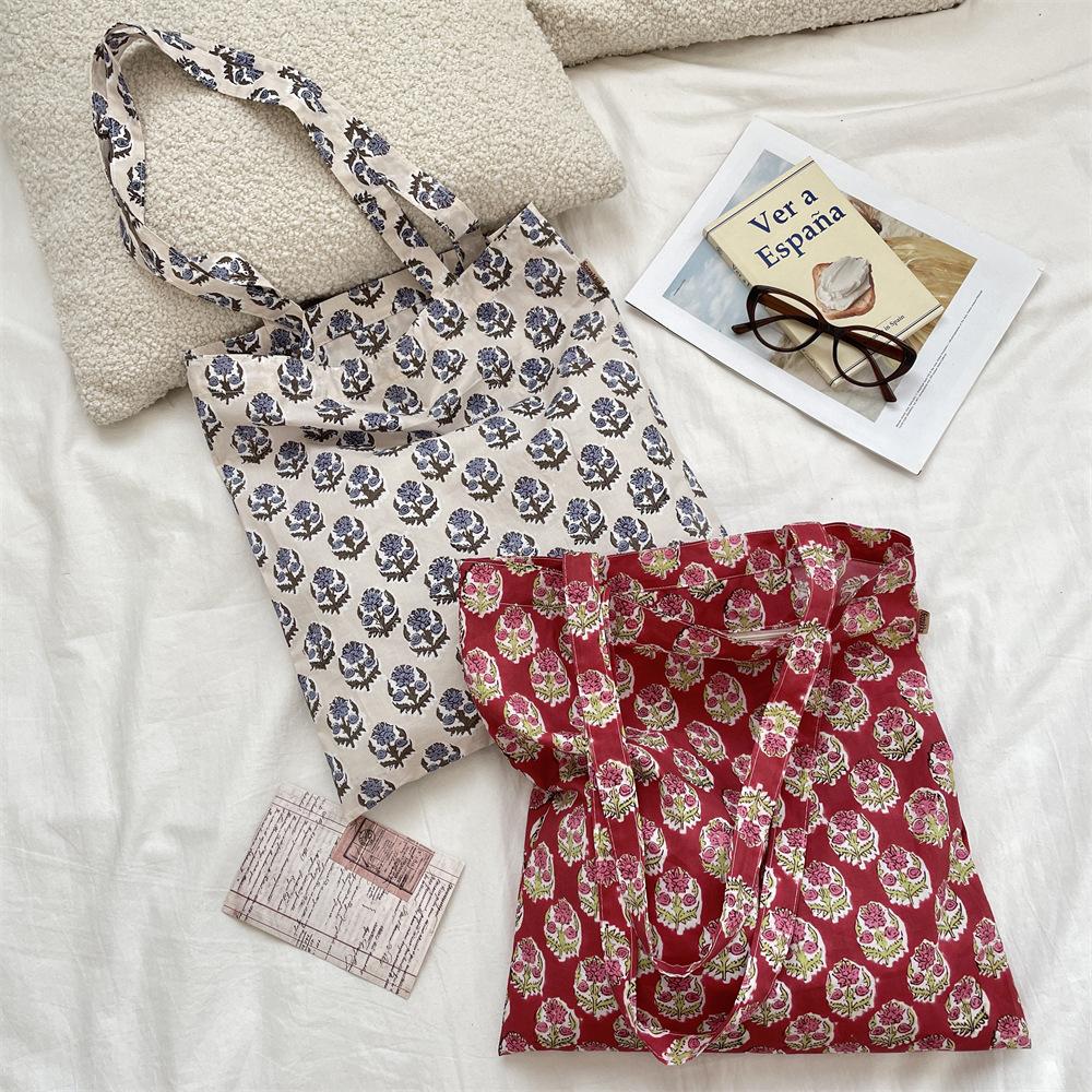 Summer Retro Floral Single-layer Thin Shoulder Bag Large-capacity Canvas Bag Women's Shopping Commuter Shoulder Bag