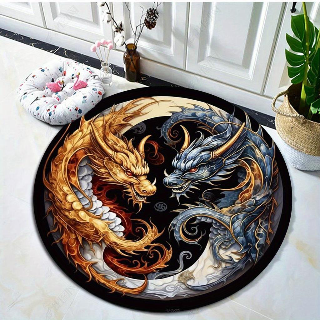 Round Dragon Pattern Non-Slip Area Rug, Anti-Shedding Polyester Carpet for Office Bedroom Porch, Washable Indoor Decor Mat