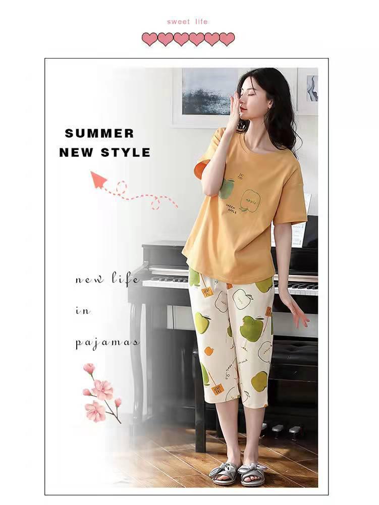 Korean Style Women's Summer Pajama Set – Imitation Cotton, Short Sleeve, Capri Pants, Thin, Cute, Plus Size