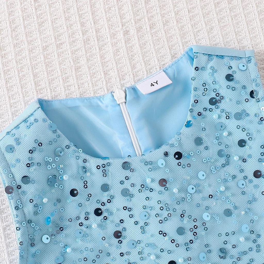 Girls' Fashionable Sequin Outfit - Summer Children's Casual Sleeveless Top with Flared Pants Set of Two Pieces