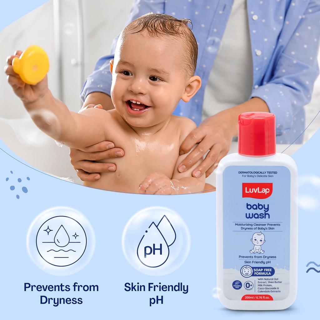 LuvLap Baby Wash 200ml Enriched With Milk Protein Oatmeal Shea Butter Vitamin E Soap Free Formula For Gentle Nourishing Bath Care