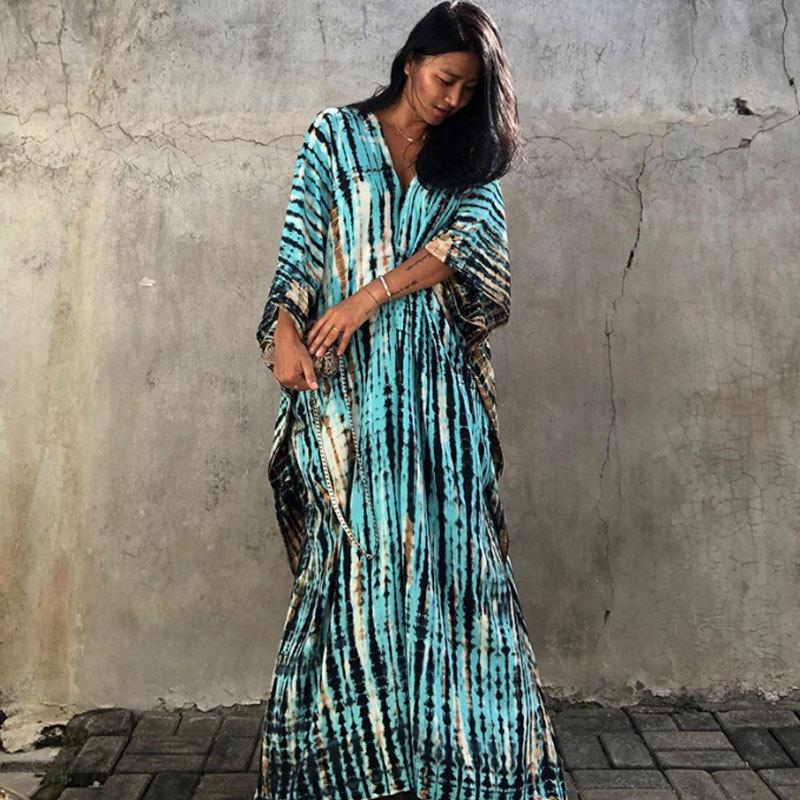 European & American Tie-dye Rayon Beach Dress: Loose, Long Seaside Vacation Robe & Bikini Cover-up with Sunscreen Shirt for Women