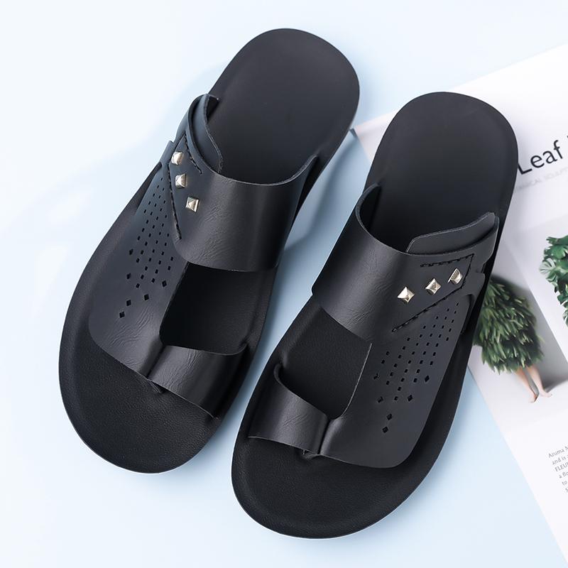 Herren Braune Flache Hausschuhe Sommer Weiß Breite Zehenpartie Römische Sandalen Retro Schwarze Leder Strandschuhe Große Größen