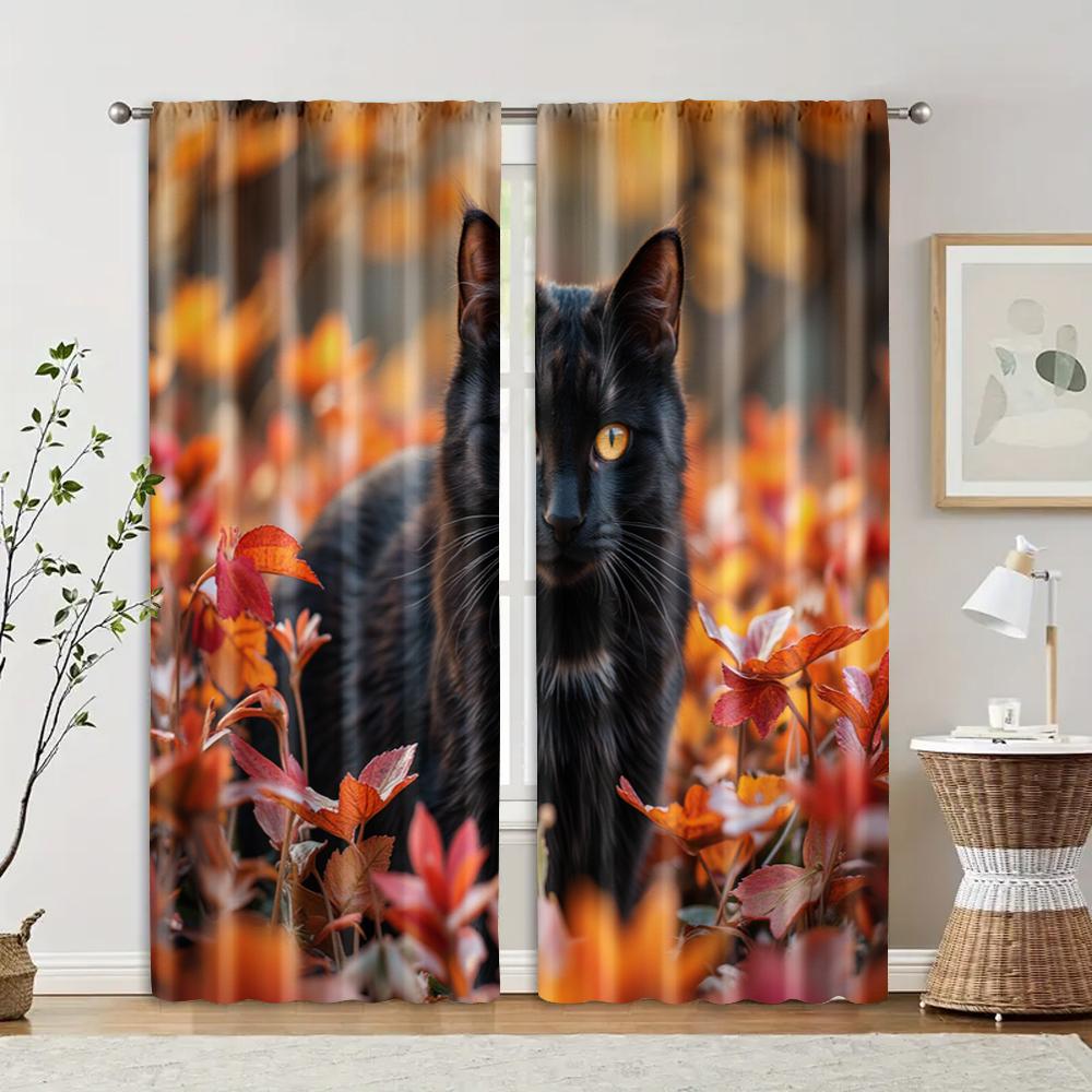 

Filtering Curtains Excluding Rods Non Movable Without Batteries Black Cat Autumn Leaves Use Bedrooms Curtain Set Of 2 Made Polyester Washable Sleeping W100*H70(CM)-Hooks&1PCS