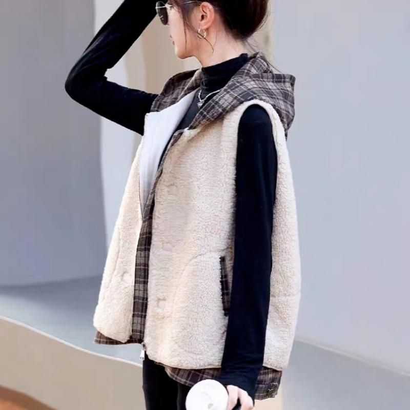 Lamb Wool Vest Women's Spring and Autumn Loose Plaid Hooded Stitching Sleeveless Vest Outer Jacket Women