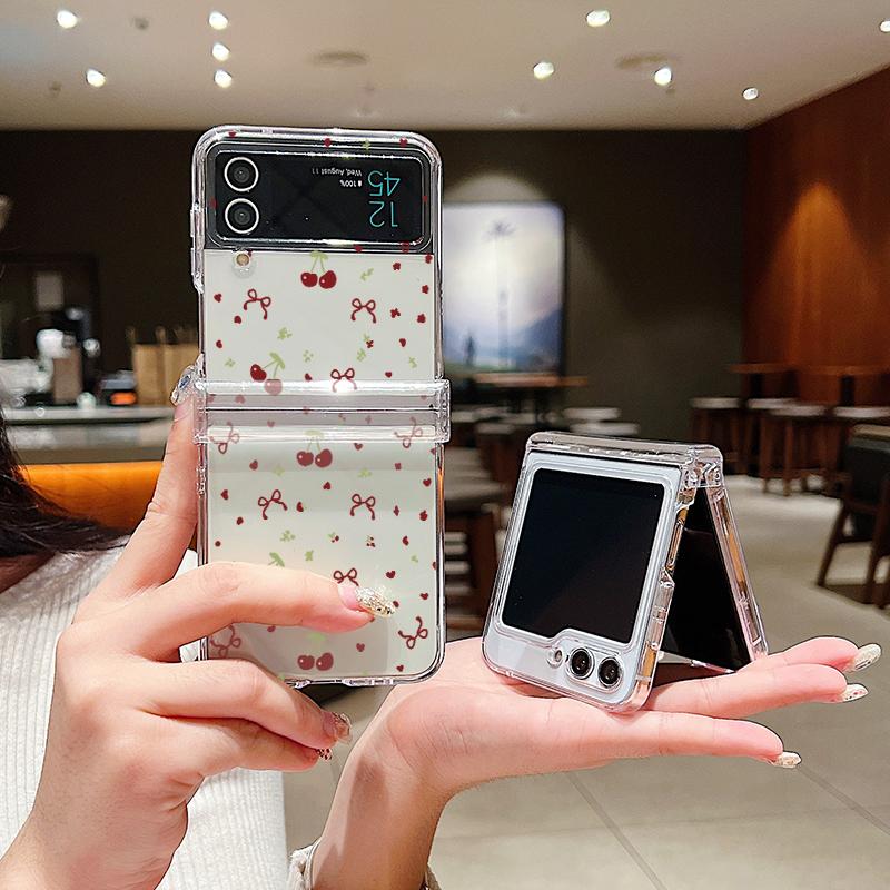 For Samsung Galaxy Z Flip6 Flip5 Flip4 Flip3 3PCS Folding Bowknot Cherry Pattern Transparent Hard Plastic Slim Phone Case Cover