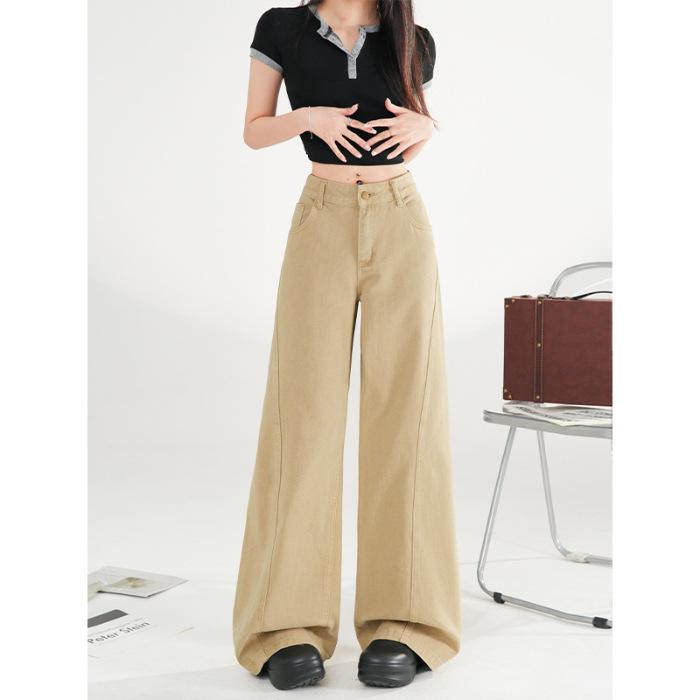 2026 Spring Women s Khaki Wide-Leg Denim Jeans - American Retro Street Style S