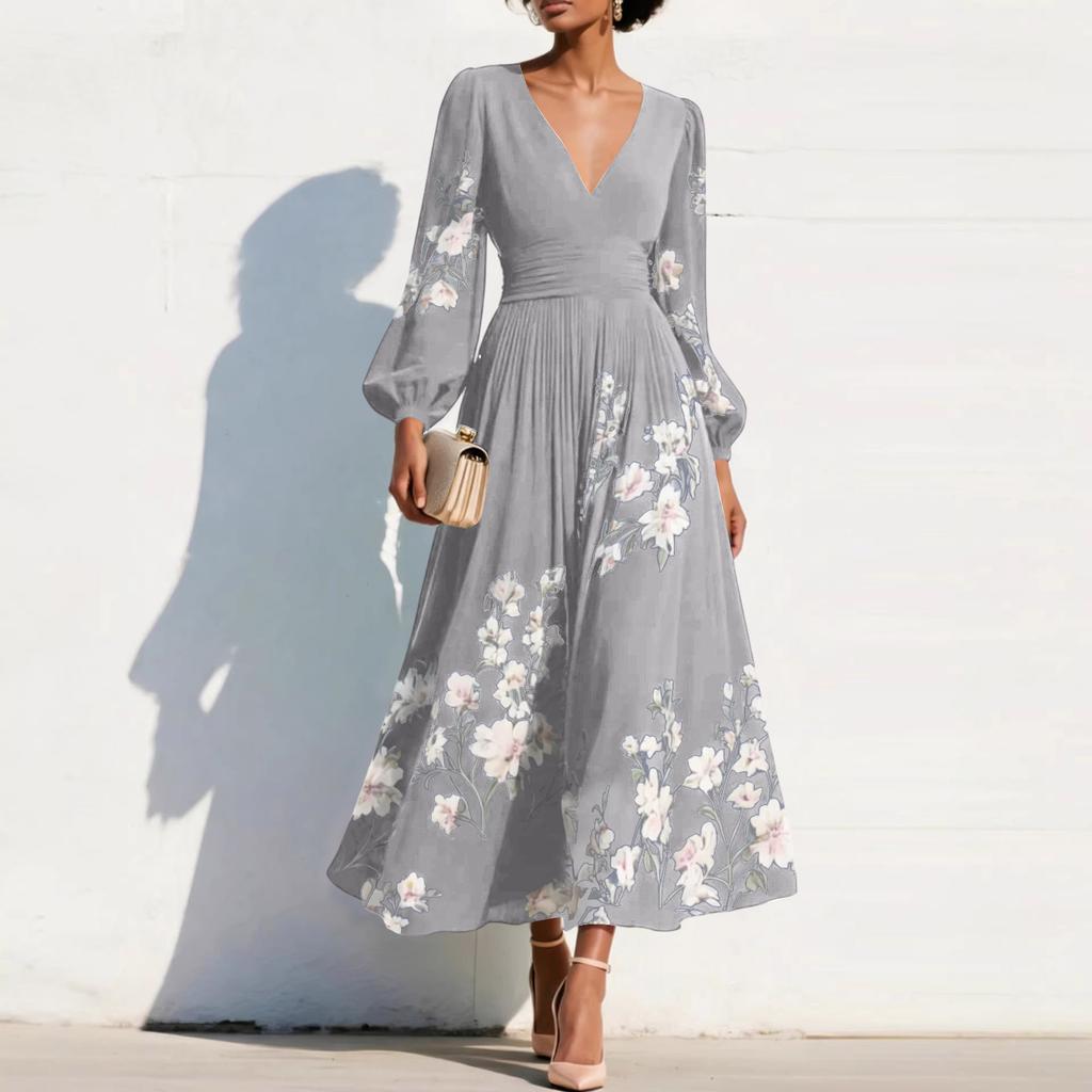 Damen Maxikleid mit langen Ärmeln, V-Ausschnitt, Falten und Blumendruck, Elegante Passform, Ausgestellter Schnitt, Lange Länge, Für Freizeit und formelle Anlässe